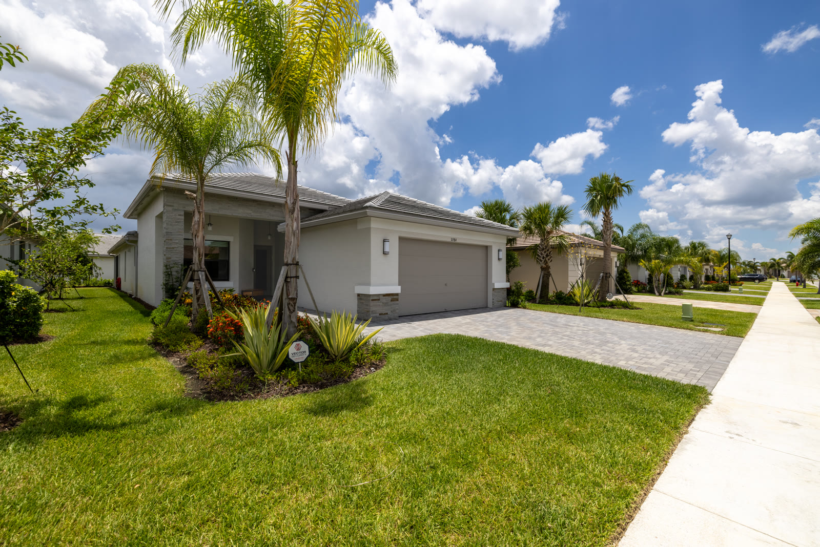 Front exterior of a single family home with palm trees and paver driveway